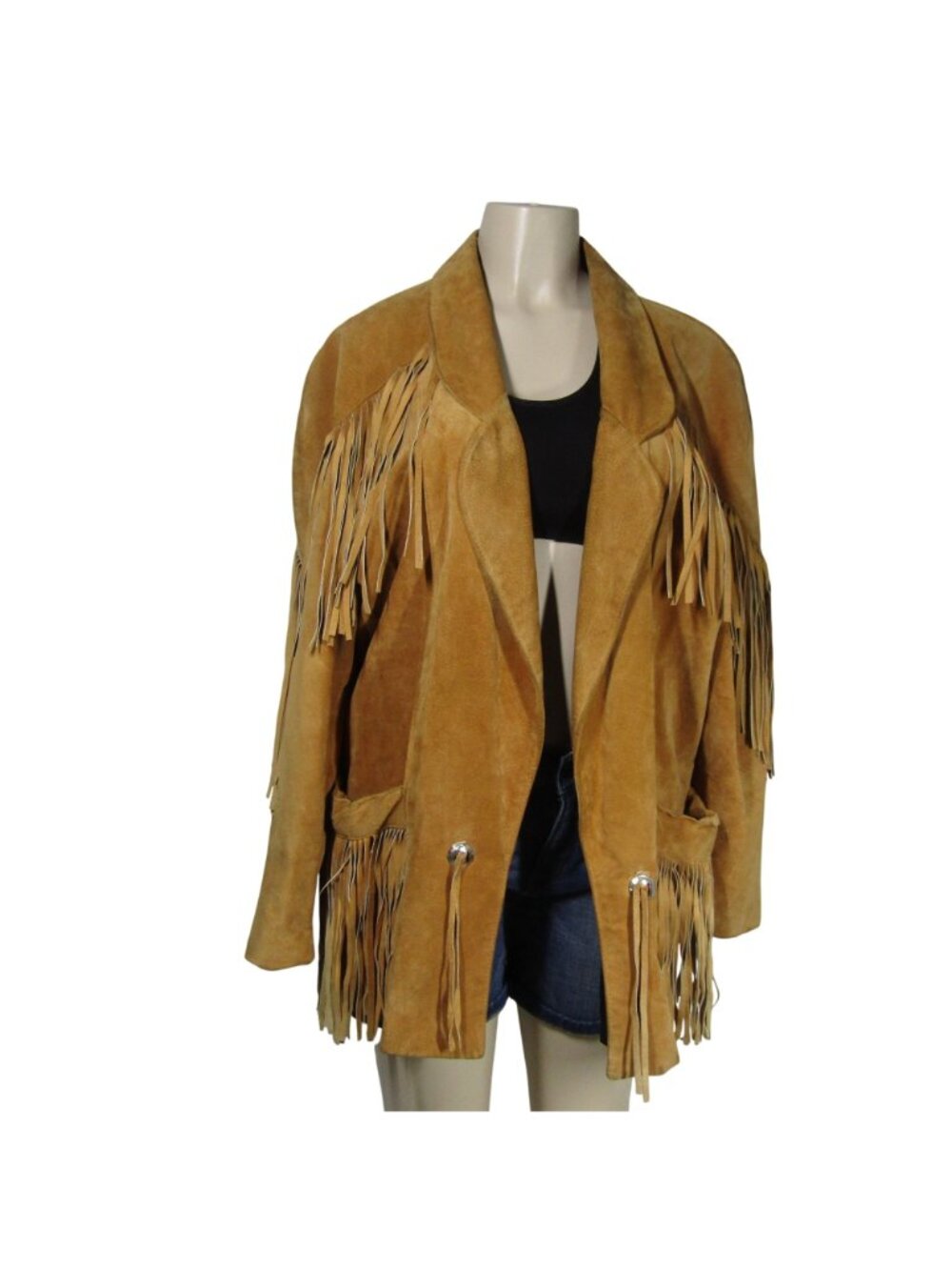 VTG Pig SUEDE Leather FRINGE 80s Caramel Brown Western Cowgirl Rodeo Jacket L - Picture 2 of 12